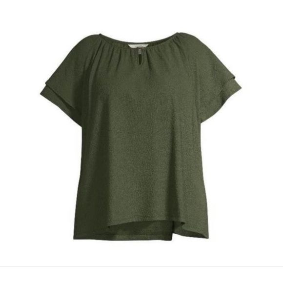 Terra‎ & Sky Forest Green Textured Ruffle Sleeve Peasant Top Comfy Spring NWT - Picture 2 of 6